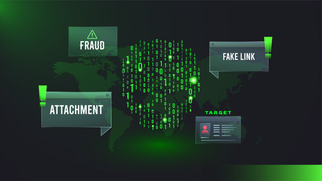 Cyber fraud concept with binary skull, world map, and fake link alerts on dark green background. Digital security threat, phishing attachment, and data breach warning for tech themes. Cyber security