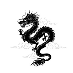 Majestic black dragon rising from clouds with fiery mane and sharp claws