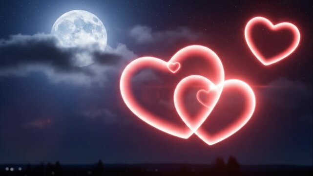 A nighttime scene with a full moon shining through clouds, illuminating two large glowing red hearts and three smaller ones