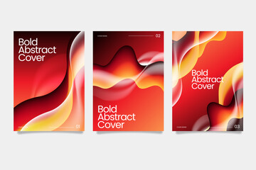 Abstract flyer set with bold red and orange fluid wave designs. Modern cover template featuring dynamic liquid shapes and glowing gradients.