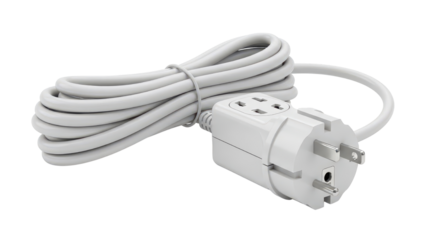 White Coiled Electrical Power Cord with European Plug isolated PNG with Transparent Background