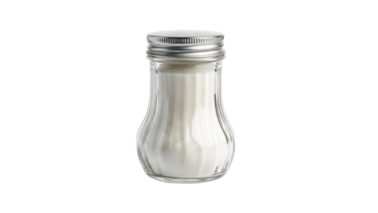 Clear Glass Salt and Sugar Shaker with Silver Metal Lid Product Shot isolated PNG with Transparent Background