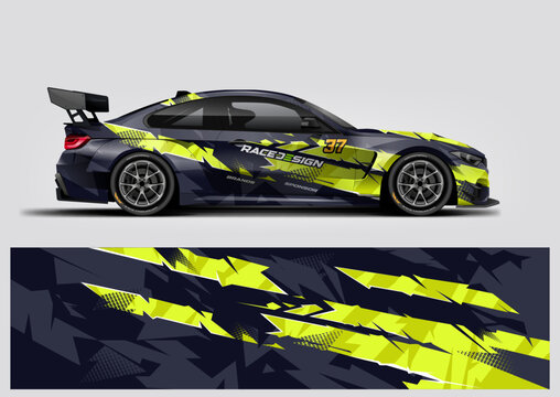 high-energy racing car wrap featuring bold yellow lightning-style graphics on a dark sports car. printable vector file.
