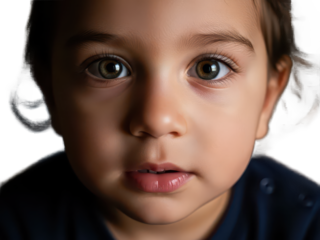 Closeup portrait of a curious young child with expressive eyes isolated on transparent background