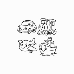 Obraz premium Vehicles with Friendly Faces Coloring Page for Kids