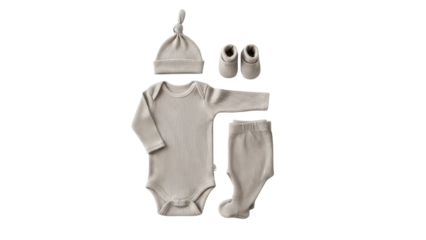 Minimalist Neutral Beige Newborn Baby Clothing Outfit Set Flat Lay Product Shot isolated PNG with Transparent Background