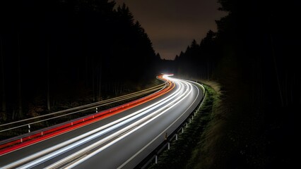 Long exposure photography of car light trails on a winding road through a dark forest at night, depicting motion and speed.