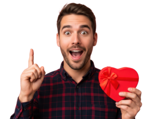 Excited man holding heartshaped box with raised finger, smiling happily isolated on transparent background