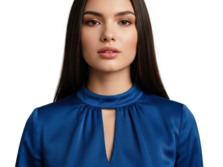 Young woman with straight hair in a blue keyhole blouse posing isolated on transparent background