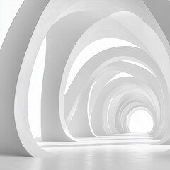 Obraz premium luminous white interior with repeating curved arches forming a serene minimal tunnel and soft shadowed passage leading to a bright vanishing point