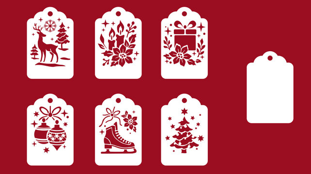 Christmas Gift Tags Templates for Cutting Machines. Christmas and New Year Gift Tag set featuring cute winter motifs including deer, a Christmas tree, a snowman, and ice skates.