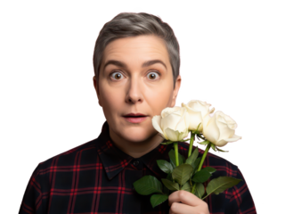 Surprised person holding white roses with expressive facial expression isolated on transparent background