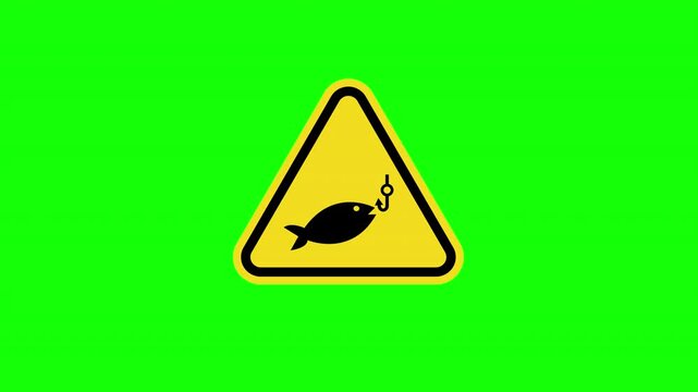 Yellow Triangle Warning No Fishing Prohibited Sign Loop Animation with Alpha Channel