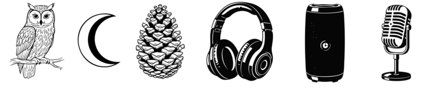 Owl Nature and Audio Equipment Black and White Vector Set