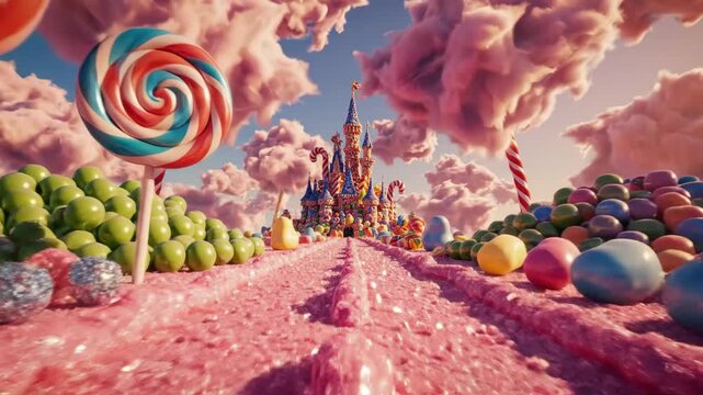 Candy Land Dreamscape - A whimsical candy land scene features a pink sugar road leading to a candy castle under fluffy pink clouds.