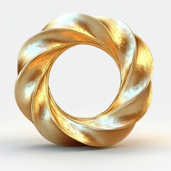 Shiny gold torus with twisted ribbon-like surface and reflective metallic texture on a plain white background