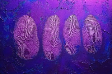 Four large fingerprint impressions embossed on a textured metallic purple surface creating a pattern with a glowing effect