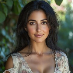 Portrait of a young woman with long dark hair wearing a floral dress, softly smiling with a serene expression, surrounded by green leaves and a natural outdoor background