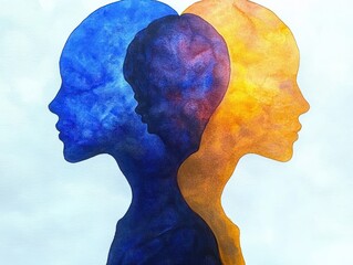 Abstract watercolor painting of two human silhouettes facing opposite directions in blue and orange with a smaller purple silhouette overlapping in the center expressing contrast and duality