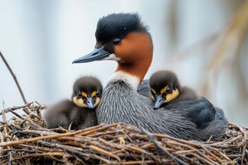 Adult crested water bird with black crest and reddish-brown neck cuddling two fluffy yellow-and-brown chicks in a nest, tender protective family moment