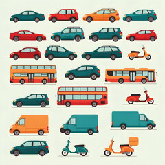 Fototapeta premium A vibrant illustration showcasing a wide array of modern and classic vehicles, from cars and buses to vans and motorcycles, all depicted in a clean, side-profile view.