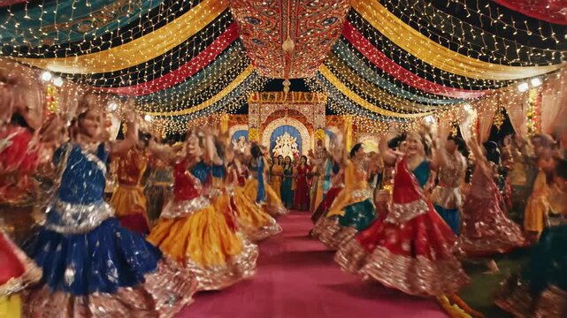 Festive Indian Celebration - A vibrant celebration is underway, featuring dancers in colorful traditional clothing under a decorated canopy with lights.