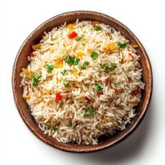 Fluffy white rice mixed with colorful red and yellow bell peppers in a rustic wooden bowl garnished with fresh green