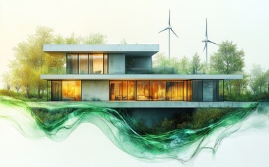 Minimalist two-story concrete house with floor-to-ceiling glass and warm interior glow, set among trees with wind turbines and a flowing green energy wave, serene atmosphere