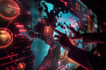 Hand touching futuristic world map interface showing global network connections and cybersecurity alerts in dark control room atmosphere for data analytics, technology strategy, monitoring