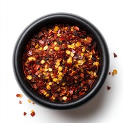 Vibrant red chili flakes in a round black bowl on a clean white background captured from a top down perspective