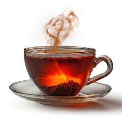 Hot steaming dark amber tea in a clear glass cup with loose leaves steeping on a transparent saucer against white