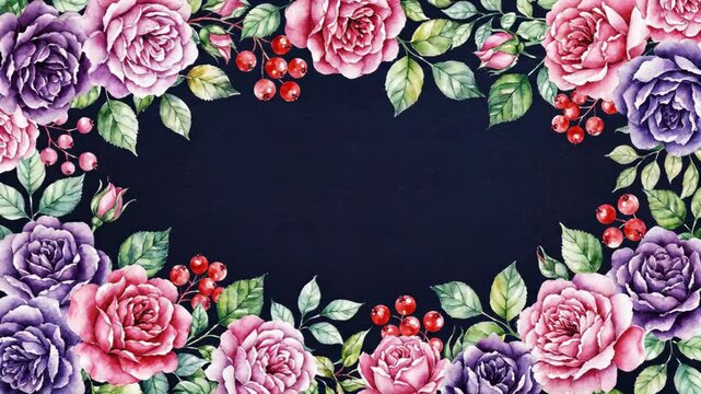 Floral watercolor frame on dark background - A watercolor painting features a border of roses in various shades of pink and purple, along with red berries and green leaves, surrounding a dark
