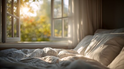 Bright Morning Bedroom With Open Window Representing Life Renewal And Calm Beginnings