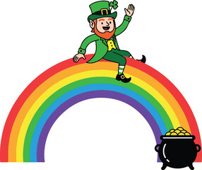 A cheerful leprechaun sitting on a vibrant rainbow with a pot of gold, celebrating St. Patrick's Day