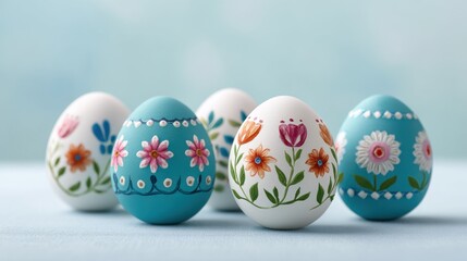 Fototapeta premium Colorful Hand-Painted Easter Eggs with Floral Designs on Soft Blue Background for Spring Celebrations