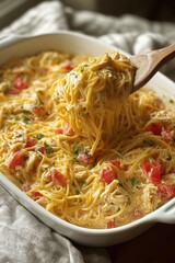 Creamy pasta with diced red tomatoes and fresh green herbs scooped with a wooden spoon from a white casserole dish