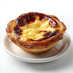 A single Portuguese custard tart Pastel de Nata with a flaky crust and caramelized top sits on a small white saucer
