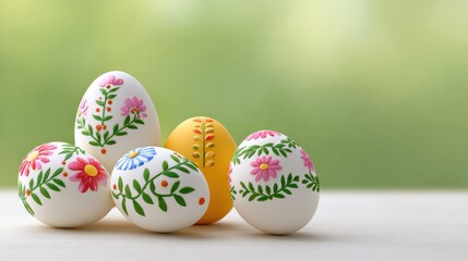 Fototapeta premium Beautifully Decorated Easter Eggs with Floral Patterns on a Soft Blurred Background