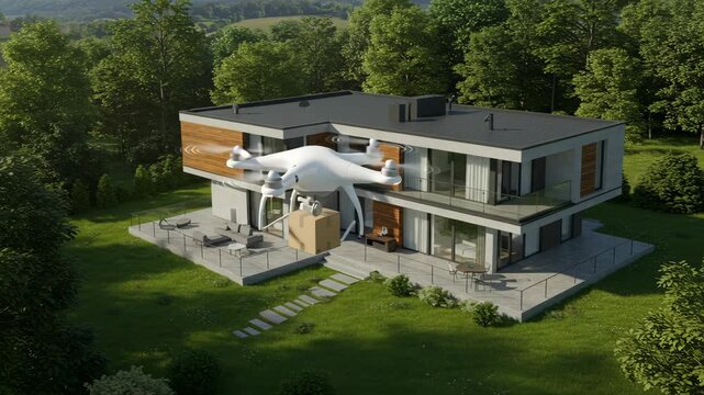 Drone Delivering Package to Modern House with Green Lawn in Sunny Day with Tall Trees and Blue Sky for Adobe Stock Photo
