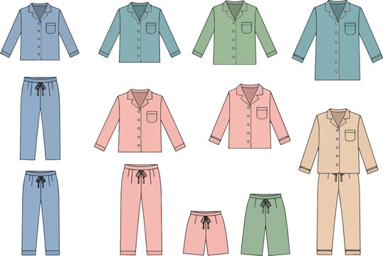 Various colored pajama tops and bottoms illustrated in rows and columns
