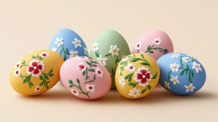 Fototapeta premium Colorful Decorative Easter Eggs with Floral Patterns on Soft Neutral Background