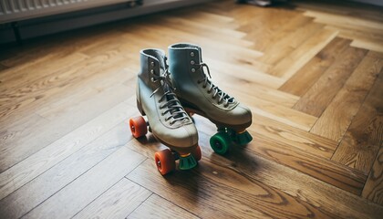Vintage roller skates on a wooden floor with retro color palette and soft window light, realistic texture, nostalgic skating lifestyle scene with warm and timeless character.