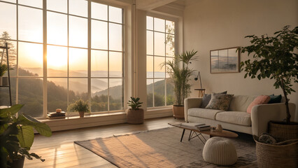 Calm home interior at sunrise, gentle light, slow living concept, peaceful start of the day