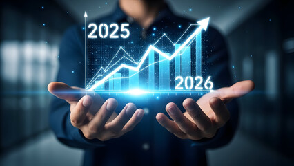 Business professional presenting a glowing holographic financial growth chart for future projections