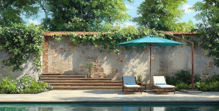 Sunny poolside with two lounge chairs under teal umbrella beside vine-covered brick wall, serene tranquil garden retreat