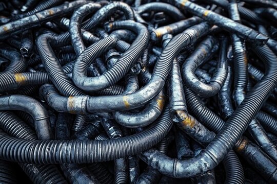 tangled pile of corrugated metal hoses and bent pipes with rust patches, gritty industrial texture and chaotic mechanical pattern
