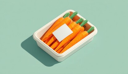 Vibrant photo of Fresh Carrots in White Container on Aqua Background