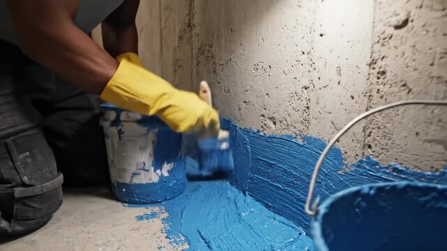 Waterproofing a Basement Wall - A person wearing yellow gloves applies blue waterproofing paint to a concrete basement wall using a paintbrush.