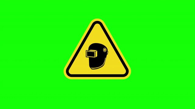Yellow Triangle Warning Wear Welding Helmet Safety Sign Loop Animation with Alpha Channel