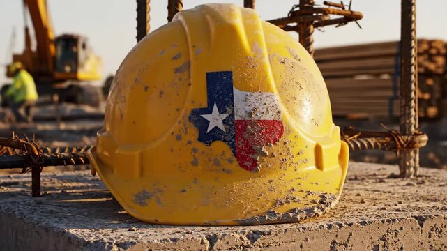 Hard Hat at Texas Construction Site - A yellow hard hat sits atop a concrete structure, featuring a Texas state flag decal, signifying construction work in the state.